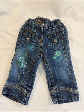 next Dark Blue Denim Capri Jeans with Teal & Lime Floral Embroidery